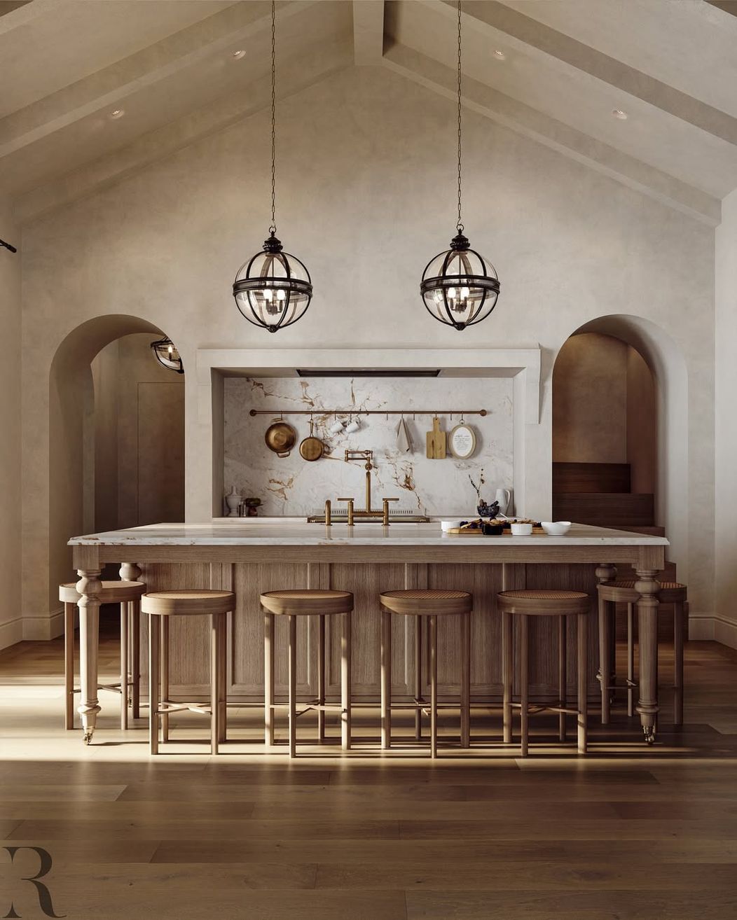 Warm light, golden touches, and timeless details 🖤This kitchen blends rustic charm with refined
