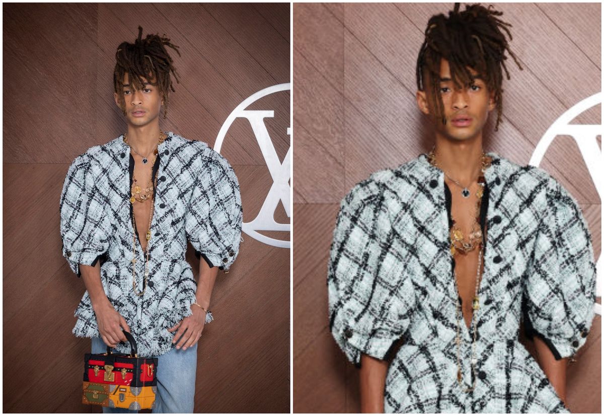 Fiul lui Will Smith, pe tocuri, decoltat și cu o jachetă cu volane ...