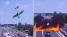 Momentul înfiorător în care un avion se prăbușește pe autostradă, printre mașini. Doi soți au murit pe loc