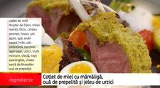 Cotlet de miel cu mamaliga, oua de prepelita si jeleu de urzici