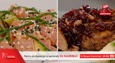 Foie gras cu dulceata de merisoare si poke de ton rosu cu mix de susan
