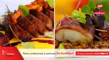 File de monkfish în bacon cu tocăniță de linte și Mușchiuleț de căprior cu piure de dovleac și pere Williams în vin
