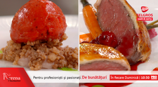 Muschiulet de vita cu rosti de legume si sos de visine si Mousse de zmeura cu crumble de ciocolata si sorbet de zmeura