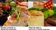 Quiche Lorraine cu salata de primavara si piept de rata cu broccoli si cartofi gratinati