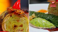 Piept de prepeliță cu ruladă de cartofi, baclava cu varză kale  și sos cu vișine și fructe de pădure