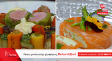 Bavarois cu sparanghel și somon gravlax și Cotlet de miel în crustă de ierburi cu pesto de busuioc și legume