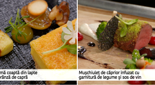 Crema coapta din lapte si branza de capra si muschiulet de caprior infuzat cu garnitura de legume si sos de vin