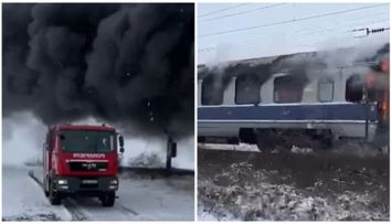 Imagini cu vagonul unui tren de călători care a luat foc pe drumul spre Deva. A fost activat planul roșu de intervenție