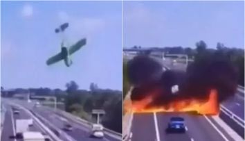 Momentul înfiorător în care un avion se prăbușește pe autostradă, printre mașini. Doi soți au murit pe loc