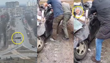 VIDEO Un bărbat din Kiev, în pericol după ce un vehicul blindat rusesc a trecut peste mașina lui