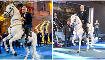 Imaginile care au făcut înconjurul lumii! Andrea Bocelli a apărut călare, într-un smoching impecabil, la Sanremo 2026