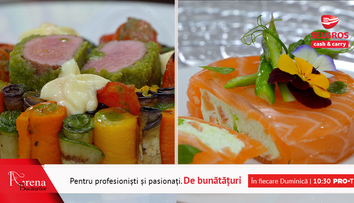 Bavarois cu sparanghel și somon gravlax și Cotlet de miel în crustă de ierburi cu pesto de busuioc și legume