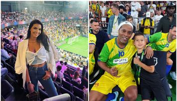 Apariție de senzație la meciul lui Ronaldinho! Sandra, soția lui Adi Mutu, a întors toate privirile, iar fiul lor, Tiago, a trăit un moment unic cu starul brazilian