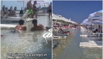 Valurile au invadat plaja și șezlongurile în Costinești! Unii turiști au râs, alții au fugit, iar primele rânduri au rămas neocupate