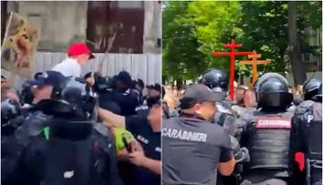 Un bărbat cu un copil pe umeri a atacat jandarmii la marșul Pride din Chișinău! Momentul, surprins pe camere VIDEO