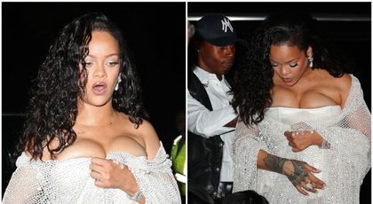 Rihanna, apariția “chinuită”, într-o rochie în care a trebuit să își susțină în permanență decolteul! Cum au surprins-o paparazzii