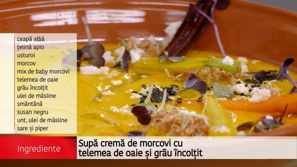 Supa crema de morcovi cu telemea de oaie si grau incoltit