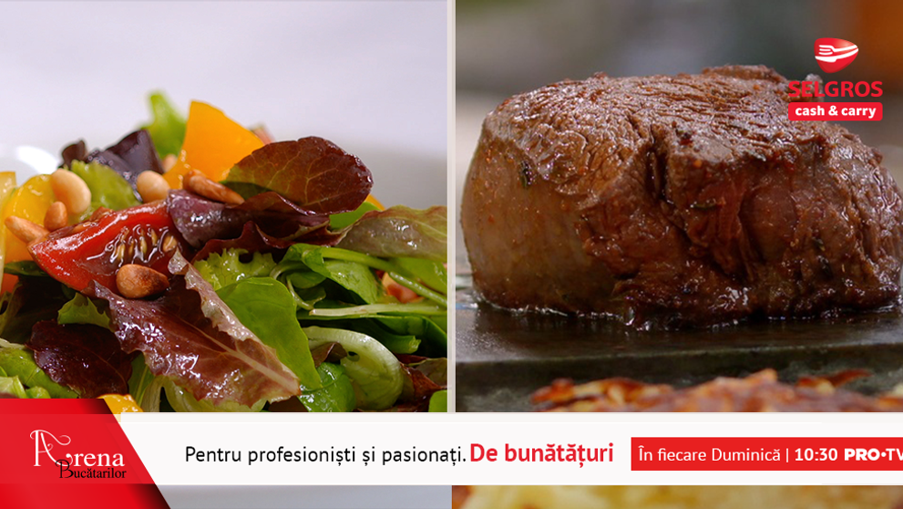 Meniu tradițional elvețian și friptură pe piatră încinsă cu Rösti de cartofi