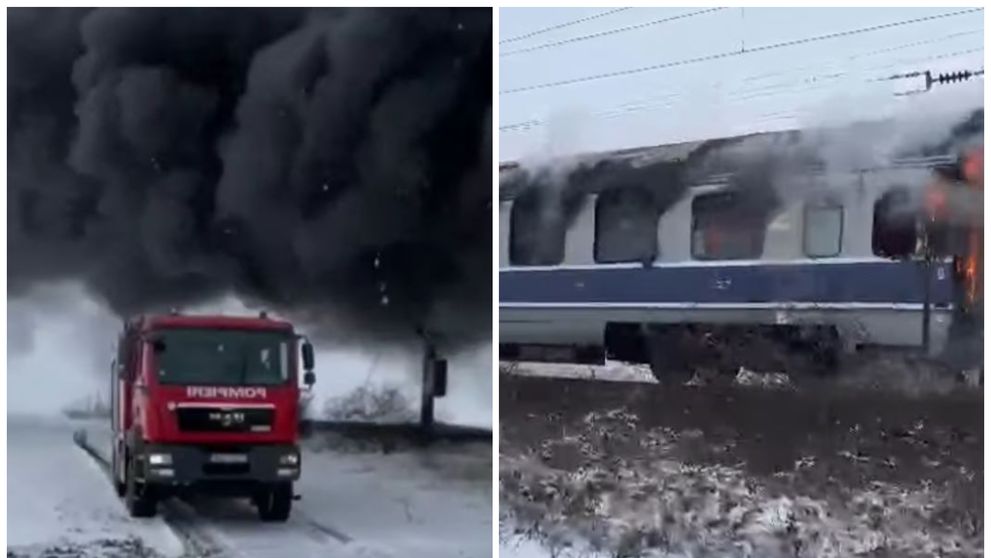 Imagini cu vagonul unui tren de călători care a luat foc pe drumul spre Deva. A fost activat planul roșu de intervenție