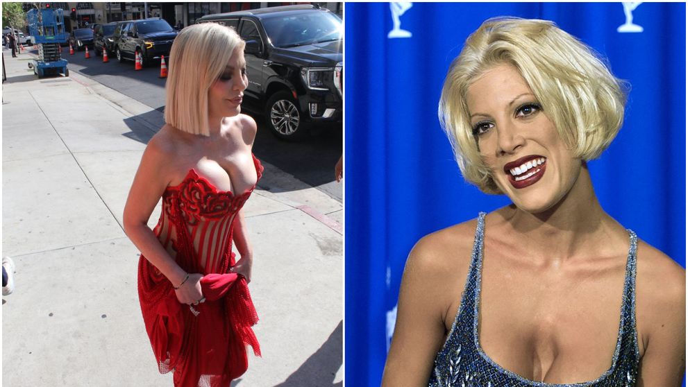 Are o „gaură” uriașă în zona bustului pe care nicio operație nu o poate repara. Cum a reușit Tori Spelling să o mascheze într-o rochie roșie, ultra-decoltată