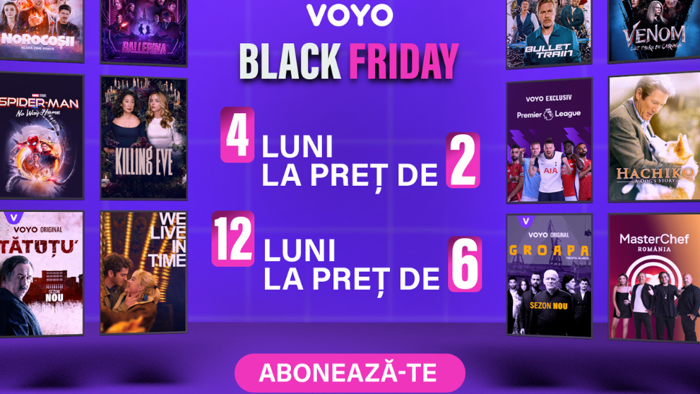 Descoperă un univers de conținut cu oferta VOYO de Black Friday! În perioada 7-17 noiembrie ai oferte la abonamentul de 4 luni la preț de 2 și de 12 luni la preț de 6!