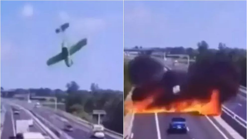 Momentul înfiorător în care un avion se prăbușește pe autostradă, printre mașini. Doi soți au murit pe loc