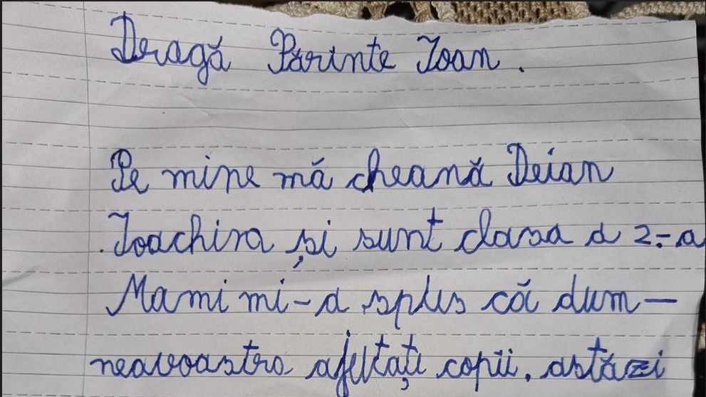 Scrisoarea unui băiețel pentru Părintele Ioan, virală pe Facebook. Ce a donat puștiul copiilor nevoiași