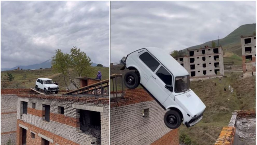 VIDEO Un aventurier rus a încercat să sară, cu o Lada, de pe o clădire pe alta. A ratat epic dar, cumva, a supraviețuit
