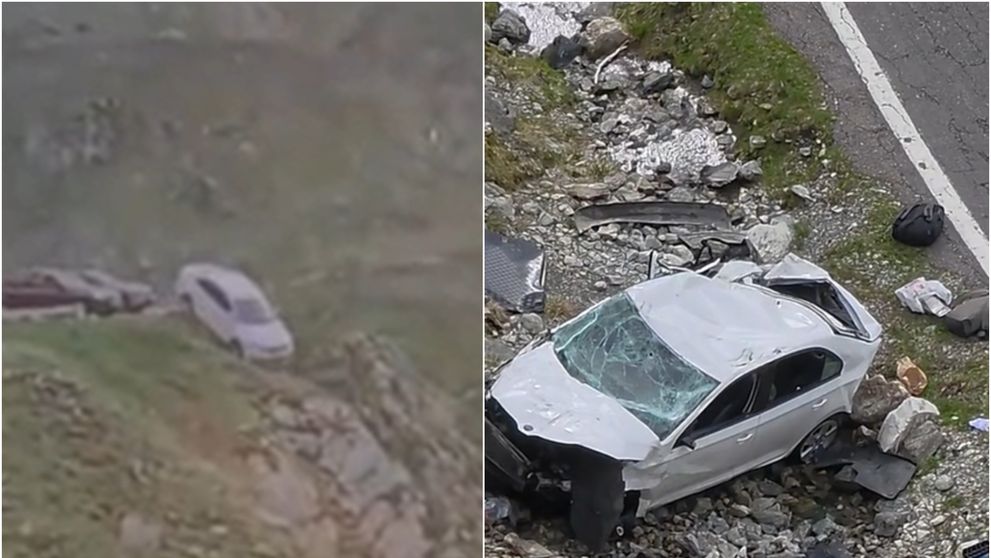 Momentul în care o mașină se prăbușește într-o râpă pe Transfăgărășan. Ce s-a întâmplat cu șoferița