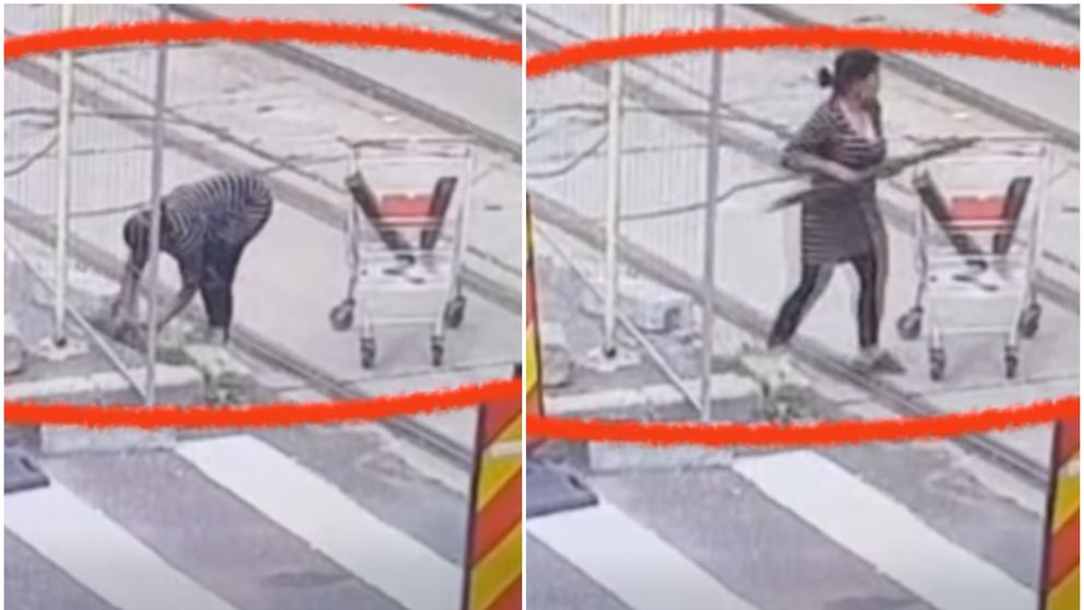 Scene șocante în Capitală! O femeie, filmată în timp ce fură bucăți din șinele de tramvai