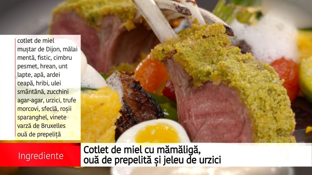 Cotlet de miel cu mamaliga, oua de prepelita si jeleu de urzici