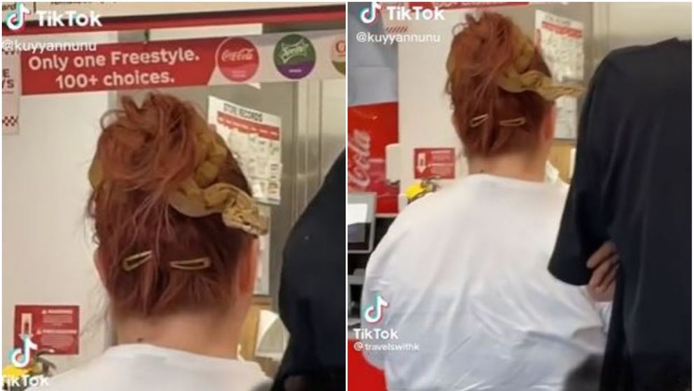 Apariție șocantă la fast food. O femeie a venit cu un șarpe în păr: Elasticele se pierd ușor, a luat ce avea la îndemână