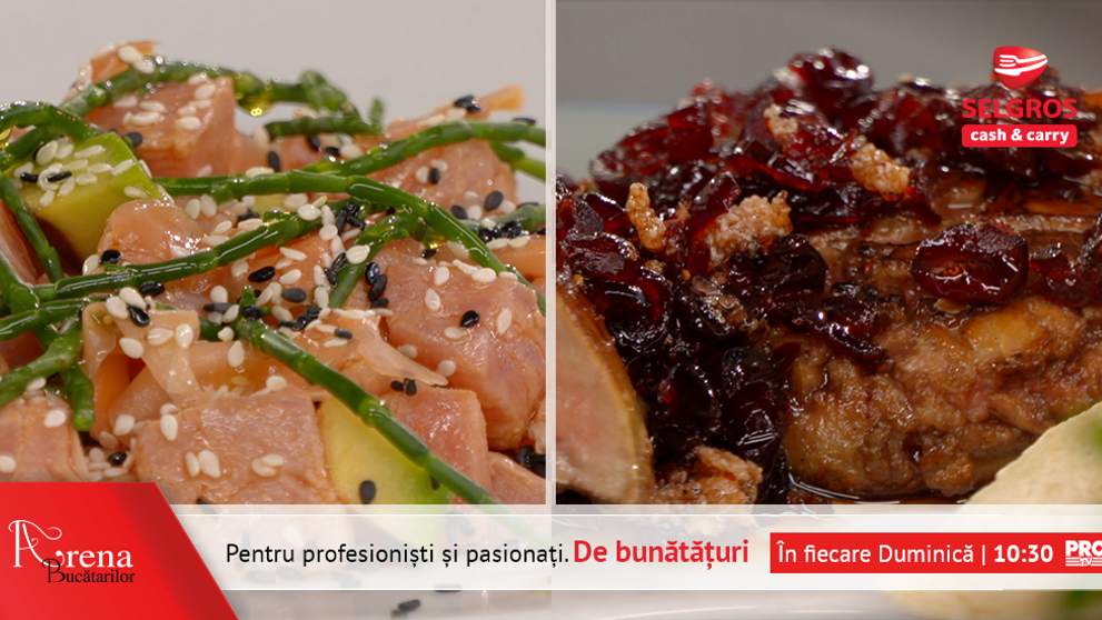 Foie gras cu dulceata de merisoare si poke de ton rosu cu mix de susan