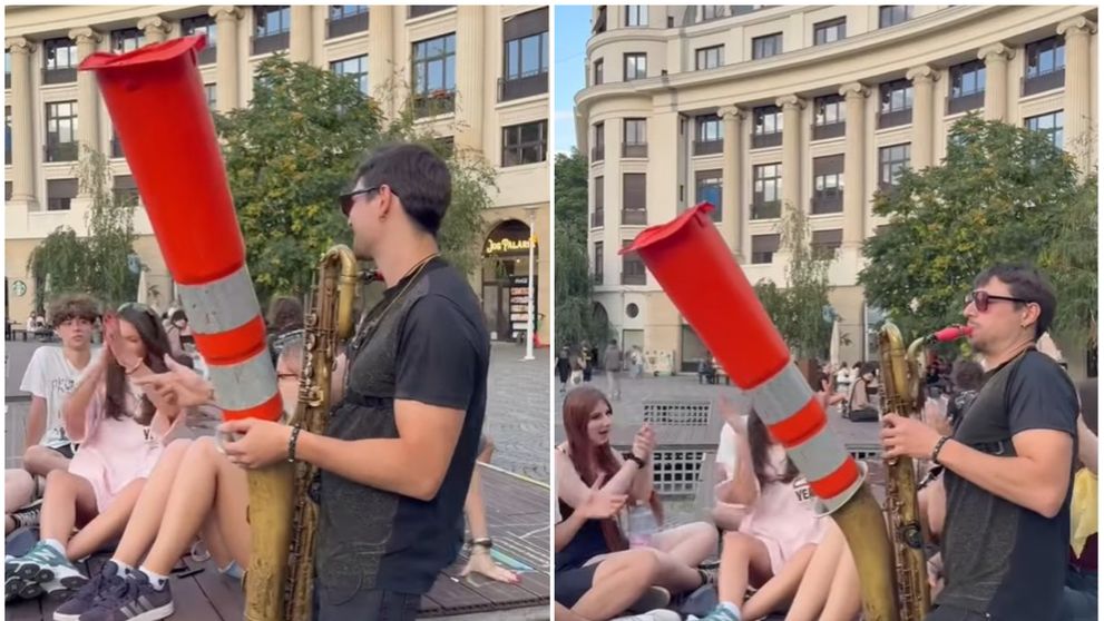 Raluka și WENZL McGowen, moment muzical spontan pe străzile din București. Artistul american, cunoscut pentru „traffic cone saxophone”, a vizitat România