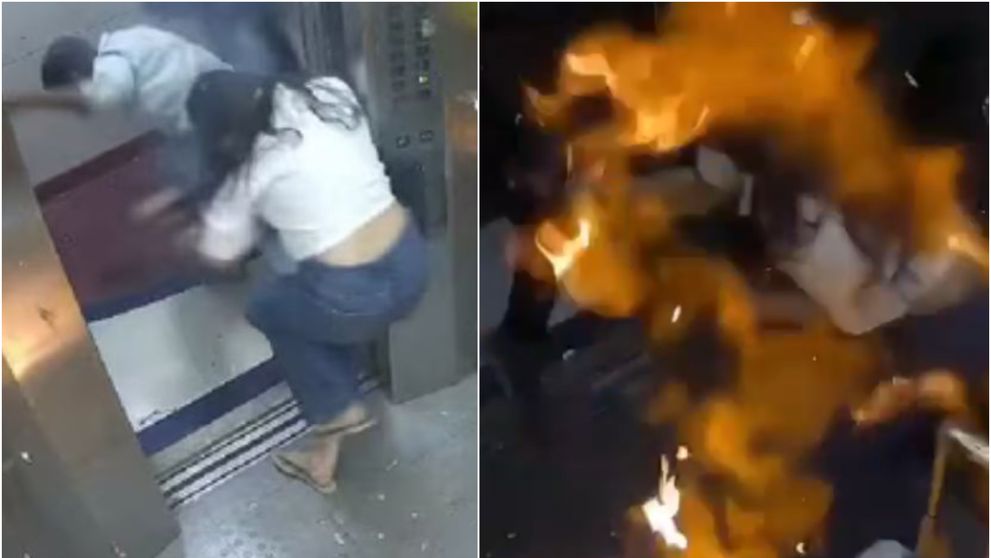 O femeie și doi bărbați, la un pas de tragedie în lift! Momentul în care se produce o explozie violentă, surprins pe camerele de supraveghere