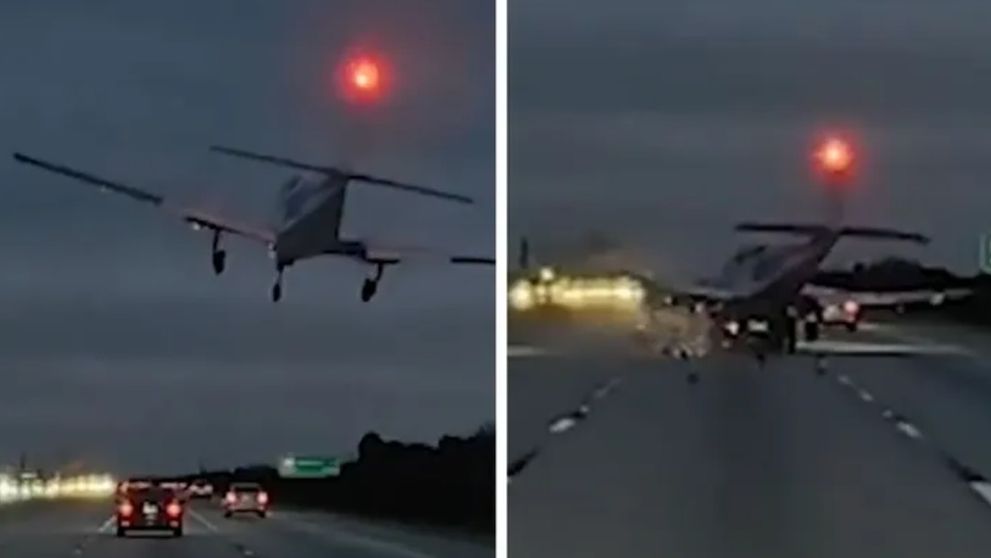 Momentul când un avion aterizează de urgență pe autostradă și lovește cu putere o mașină aflată în mers! Imaginile, surprinse pe o cameră de bord