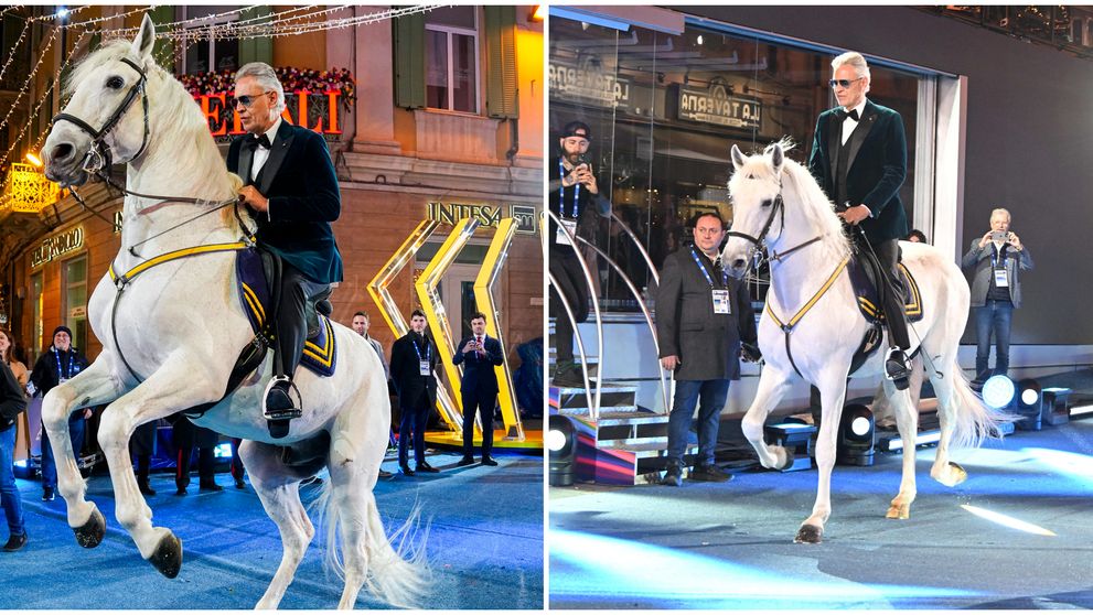 Imaginile care au făcut înconjurul lumii! Andrea Bocelli a apărut călare, într-un smoching impecabil, la Sanremo 2026