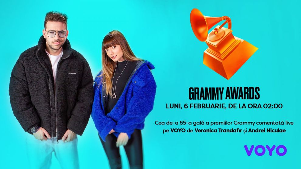 Veronica Trandafir și Andrei Niculae comentează LIVE Premiile Grammy! Luni, 6 februarie, de la ora 2:00, pe VOYO