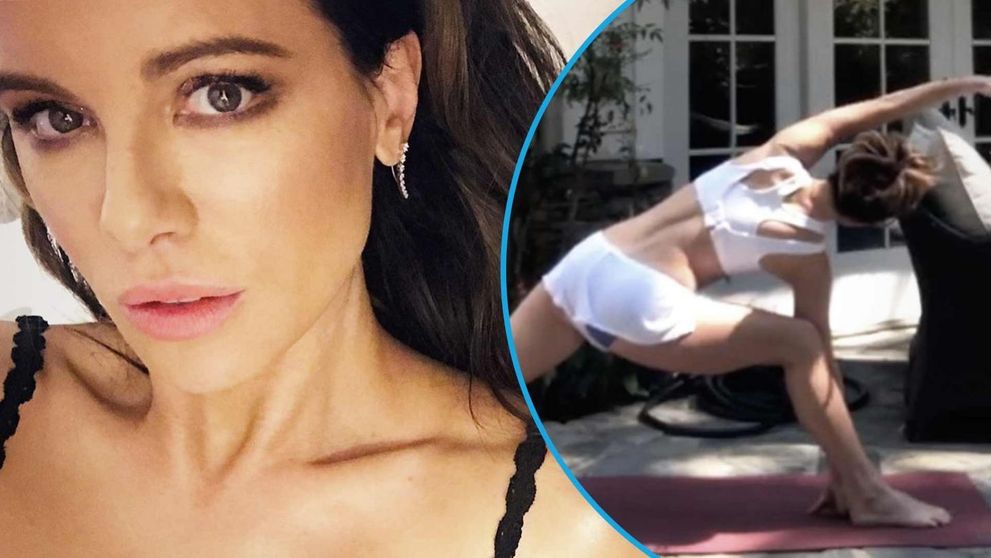 Kate Beckinsale, yoga în cea mai sumară ținută