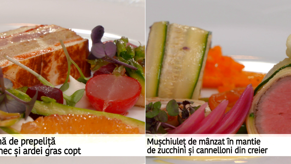 Terina din prepelita cu chec si ardei gras copt si muschiulet de manzat in mantie de zucchini cu cannelloni din creier