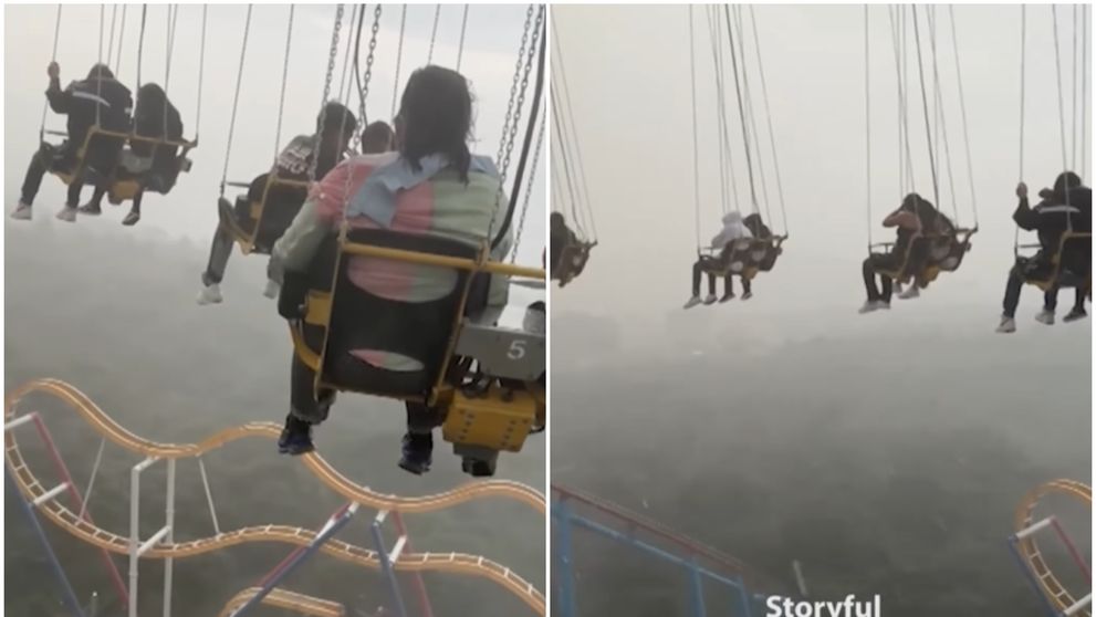 Imagini de coșmar într-un parc de distracții. Oameni blocați în leagăne la 75 de metri înălțime pe ploaie torențială și vânt