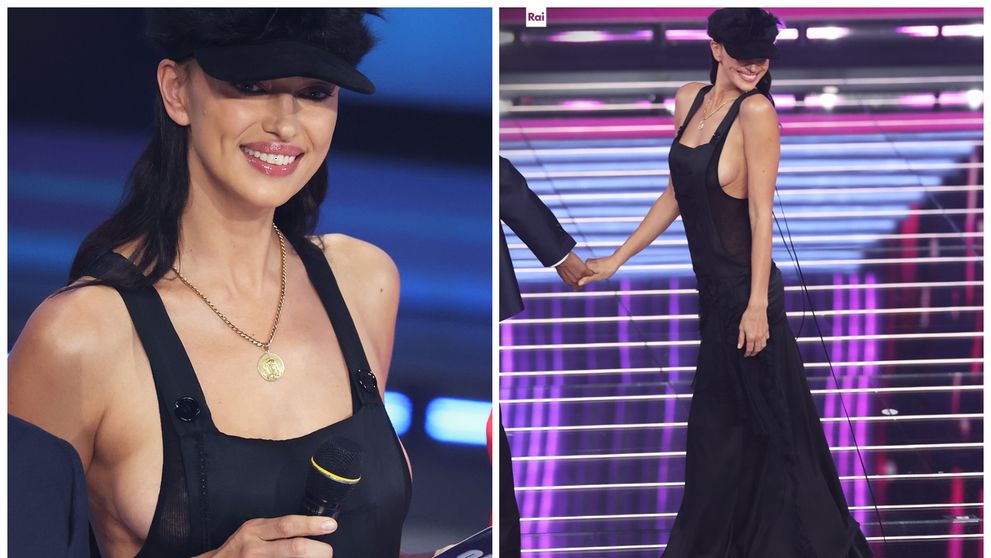 Irina Shayk, senzația serii la Sanremo 2026. A schimbat patru rochii negre cu transparențe și decupaje, iar pe dinți și-a aplicat un diamant