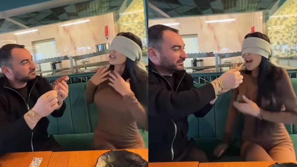 Pescobar și Daniela Crudu, moment viral pe rețelele de socializare! Afaceristul a pus-o pe brunetă să guste mai multe preparate, în timp ce era legată la ochi. Reacția Danielei a stârnit un val de comentarii: „Stai că nu pot, că am gura plină”