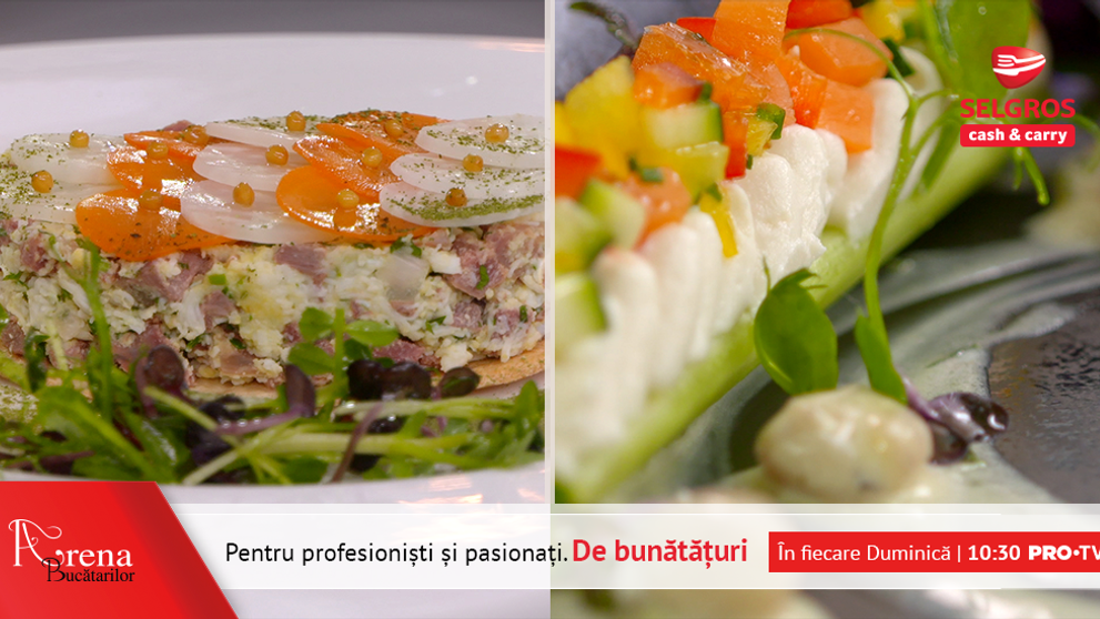 Tartar din pipote de curcan cu salata de microplante si File de cod negru cu pui de balta si legume de sezon