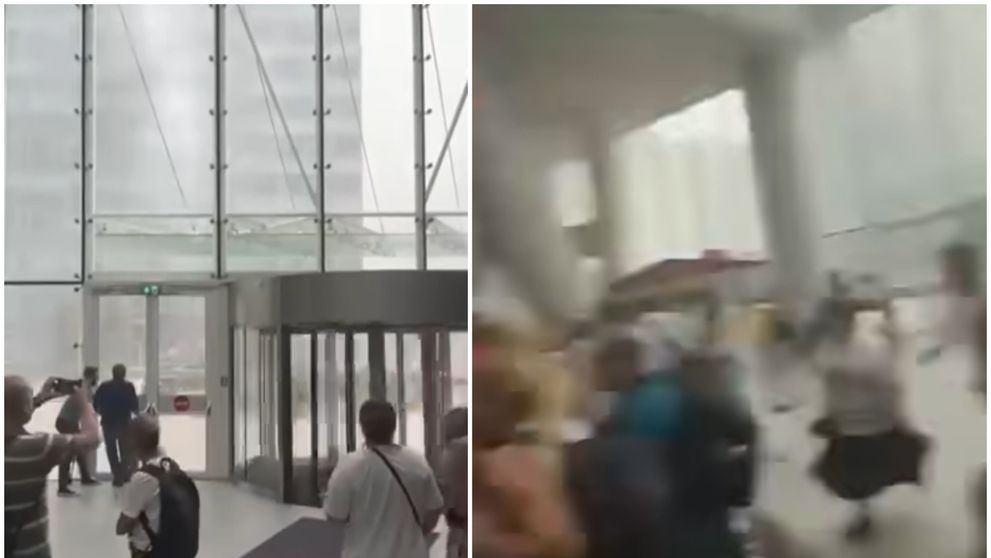 Scene dramatice din timpul furtunii din București. Vântul puternic a smuls o ușă rotativă dintr-o clădire de birouri. Reacția oamenilor