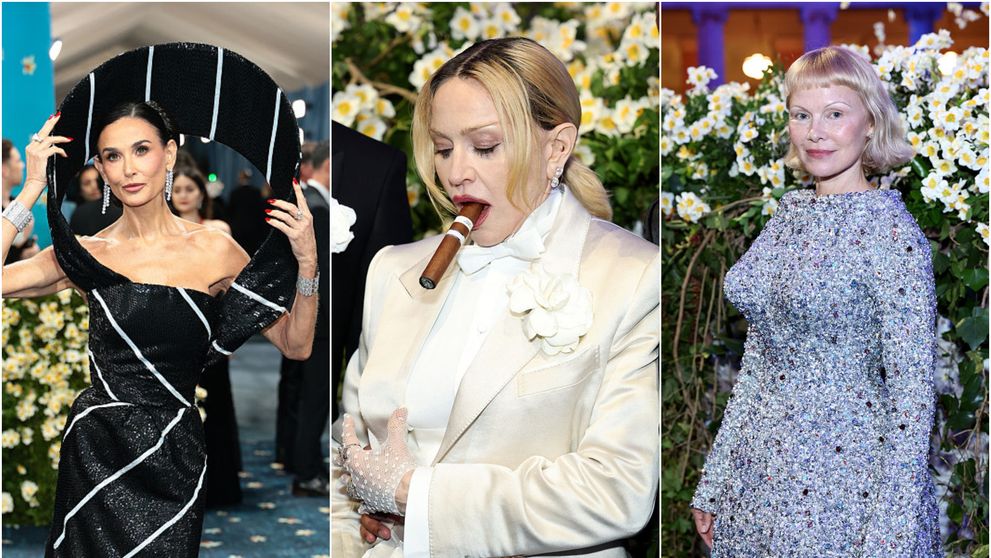 “Veteranele” de la Met Gala, apariții bizare: Pamela Anderson cu o tunsoare neinspirată, Demi cu o rochie-cravată și Madonna cu un trabuc pe covorul roșu