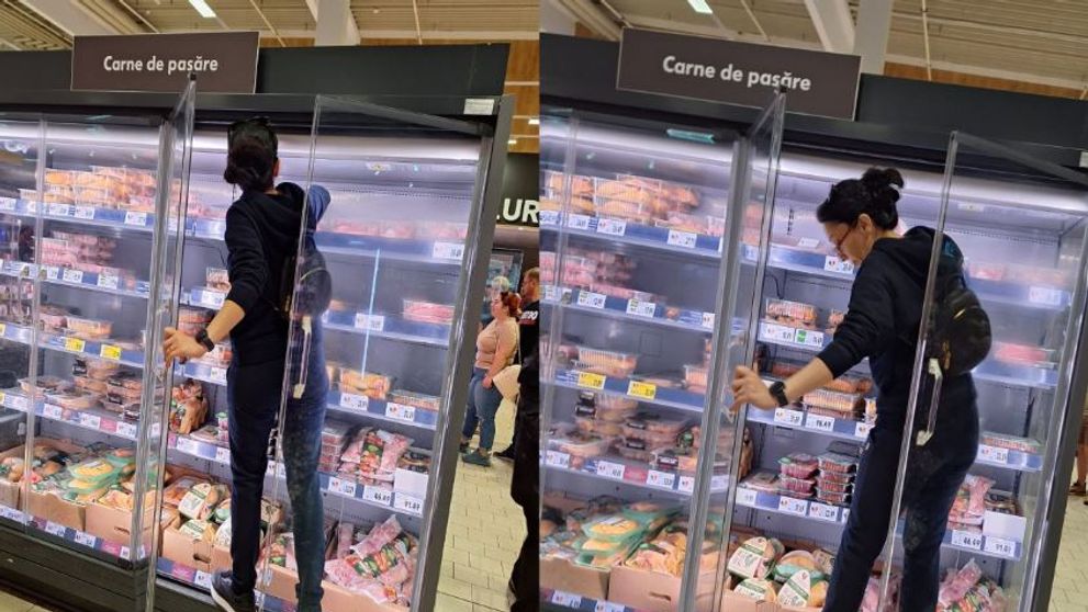 O femeie din Constanța s-a urcat pe raftul unui frigider din supermarket. Martorii au privit stupefiați