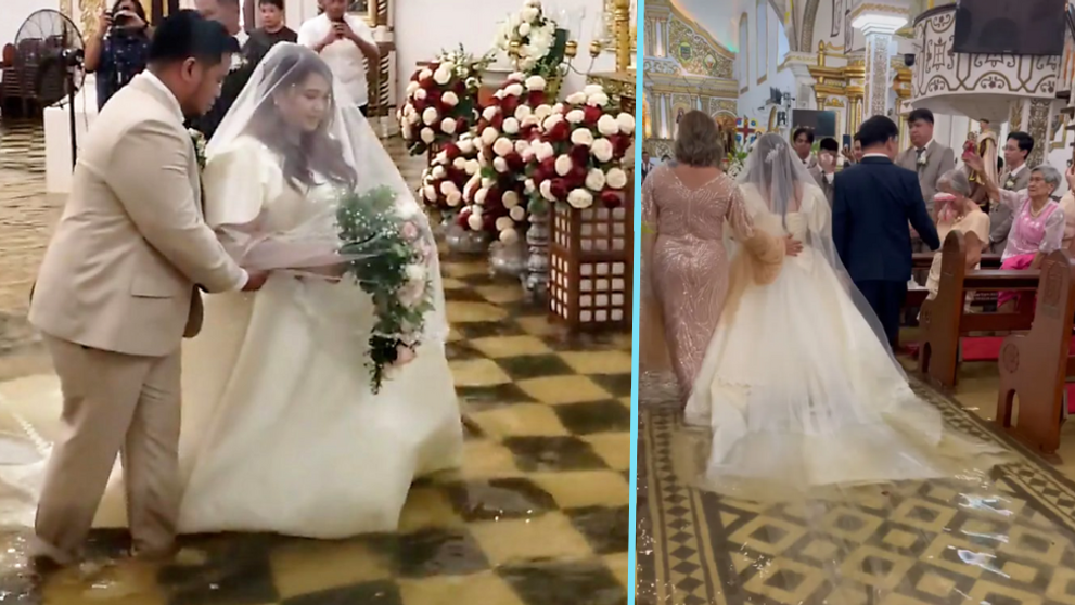 Video viral | Mireasa, dusă la altar în biserica inundată. Și-a distrus rochia pentru iubirea vieții