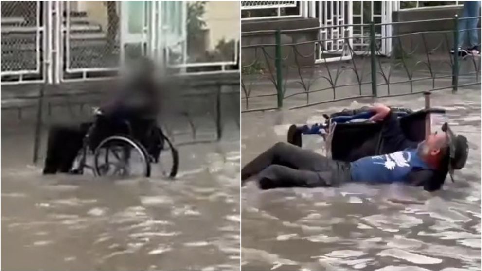 Un bătrân în scaun cu rotile a fost la un pas de tragedie! Bărbatul a fost luat de viitură în Tulcea. Imagini cu puternic impact emoțional