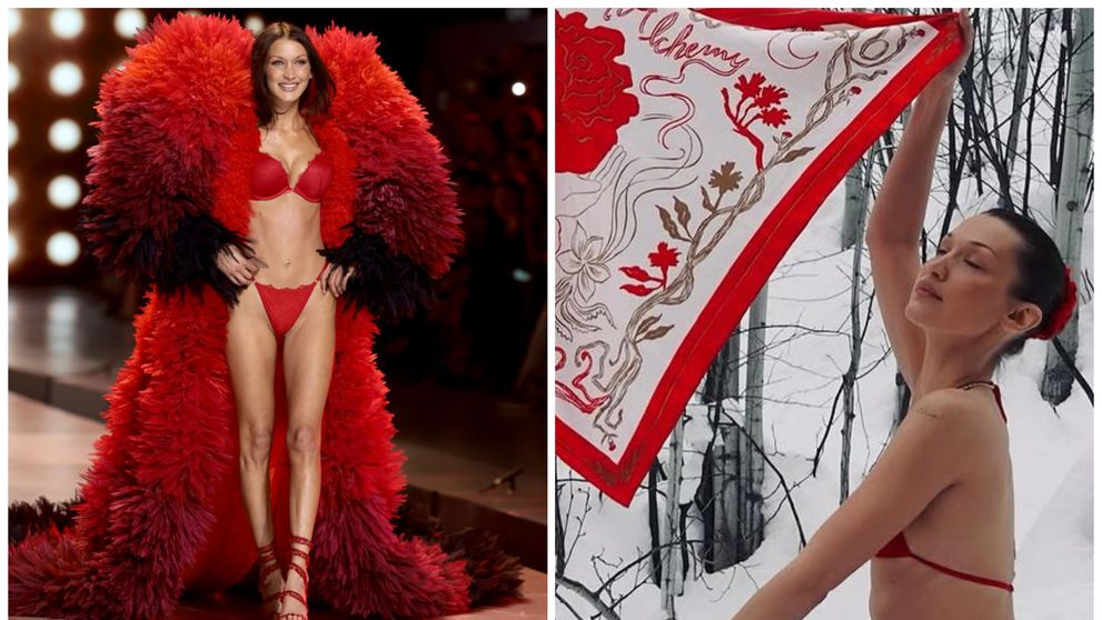 „Cred că Sharon Stone, la 66 de ani, poza mai bine ca tine”. Bella Hadid, ținta ironiilor după ce a pozat în costum de baie pe zăpadă